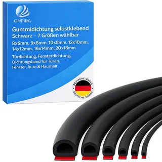 Onpira® Gummidichtung selbstklebend Schwarz – 7 Größen wählbar 8x6mm, 9x8mm, 10x8mm, 12x10mm, 14x12mm, 16x14mm, 20x18mm – Türdichtung, Fensterdichtung, Dichtungsband für Türen, Fenster, Auto &Haushalt