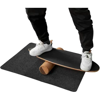 GYMAX Balance Board aus Holz Balancebrett mit Korkrolle & Schutzmatte Gleichgewichtsboard für Indoor-Surfen Indoorboard Surfboard (Schwarz)