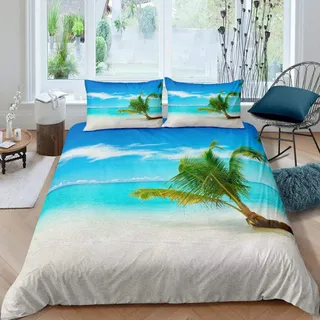 TAKOLI Bettwäsche 135 x 200 Strand, Weiche Microfaser Palme Hawaiianisch Bettwäsche Set 2 teilig - Blaues Meer Bettbezug & 1 Kissenbezüg 80x80, mit Reißverschluss