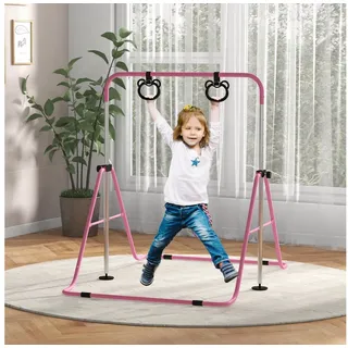 Homcom Kinder Gymnastik Turnreck 5-stufige höhenverstellbar Reckstange Reckanlage mit Gymnastikringen für Indoor bis 50 kg belastbar Stahl Rosa