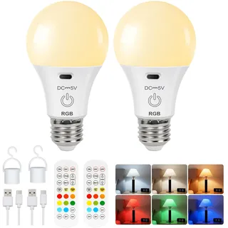 FRIDEKO HOME 2 Stück Aufladbare Glühbirne mit Fernbedienung 2600mAh E27 | Smart Farbwechsel Farbige RGB Touch Control Dimmbare Akku Lampe mit Timing Funktion