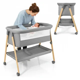 Moby-System Babybett – Reisebett 0–6 Monate, Klappbar mit Matratze Netzseiten, Stauraum, Rollen & Stabil, Grau, Neugeborene, Beistellbett ohne Bohren, 9 kg Max.