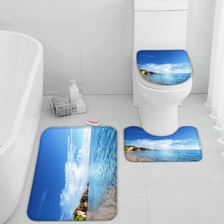 TiaoTian Badematten Set 3 teilig 50x80 Ozean Badezimmerteppich Set 3D WC Vorleger Set rutschfeste Badematte Maschinenwaschbar Landschaft Strand Badteppich Set für Badezimmer badvorleger