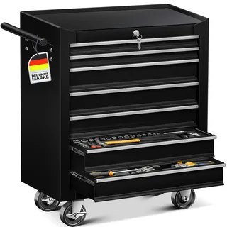 MASKO® Werkstattwagen - 7 Schubladen | Abschließbar | Massives Metall | Mobiler Werkzeug-Wagen ohne Werkzeug | Profi Werkstatt-Wagen unbestückt| Rollwagen zur Werkzeugaufbewahrung mit Schloss| Schwarz