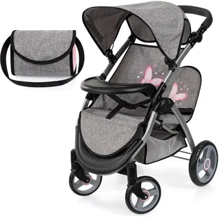 Bayer Design 39433AA Zwillingspuppenwagen, Puppenwagen, Geschwisterwagen, höhenverstellbar, klappbar, Tasche, Jeans-grau, Rosa, 60x41x68 cm, 13.97x7.08x18.89 in