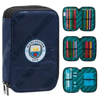 Manchester City FC Federmäppchen Jungen, Gefülltes Dreifach Mäppchen - Fussball Geschenke Jungen