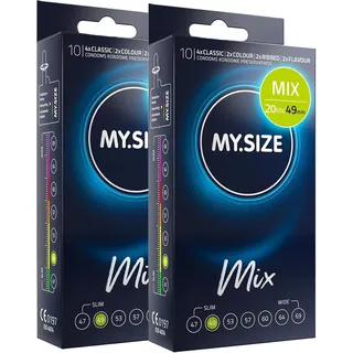 MY.SIZE Mix Kondome 49mm 20 Stück – enge Passform | Sorten: Blau, Rot mit Erdbeeraroma, Gerippt, Natur | Premium Qualitätskondome | Deutsche Marke | 0,07mm Wanddicke