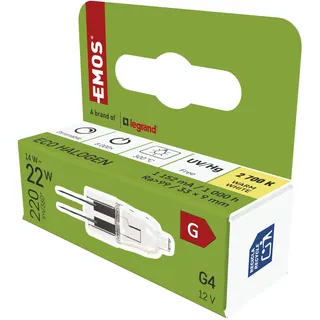 EMOS Dimmbare Halogenlampe 14W, Ersatz für 22W Birne, 2 Pin Halogen G4-Stiftsockellampe 12 V, 220lm, Warmweiß 2700K, Farbwiedergabe CRI 99,9,