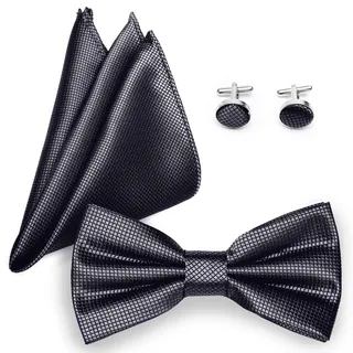 Ladeheid Fliege mit Einstecktuch Set Herren inkl. Manschettenknöpfe SETBHC (12cm x 6cm, Schwarz) - 12cm x 6cm