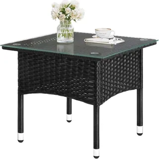 Woltu Polyrattan Beistelltisch Wetterfest Balkontisch Gartentisch mit Glasplatte für Balkon Terrasse Garten, 50x45,5x50 cm, Schwarz - Woltu