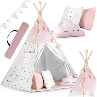 nukido Kindertipi im Montessori-Stil Baumwolle und Holzrahmen mit Isoliermatte 3 Kissen Girlande Luftig Rosa