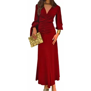 AOWVUTS Damen Kleider Elegant Lang Abendkleid Wickelkleid V-Ausschnitt Gerüscht Maxikleid Ballkleider Langarm Hochzeit Festlich Brautjungfernkleid Cocktailkleid Partykleid - XL