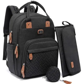Dikaslon Wickeltasche Rucksack Großer Wickelrucksack mit viel Stauraum, Wickeltasche groß mit Schnullerhalter, Wickelauflage & Kinderwagengurten – für Mama & Papa (Schwarz,
