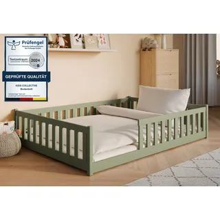 Kids Collective Bodenbett 140x200 cm mit Rausfallschutz & Lattenrost Montessori Bett Kinder Jugendbett Einzelbett | Olivgrün Holz massiv Junge Mädchen Weiß