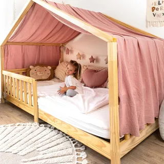 lilimaus Hausbett Himmel mit Gold Applikation [in 12 Farben] Betthimmel Hausbett aus 100% Baumwolle Musselin - Stoffhimmel für Hausbett Deko Mädchen & Jungen - Himmel für Hausbett Kinderbett Vorhang