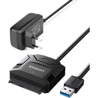 UGREEN USB 3.0 auf SATA Festplatten-Adapter 2,5 3,5 Zoll HDD SSD | Für 2,5 3,5 Zoll HDD SSD, unterstützt UASP Trim mit zusätzlichem Netzteil 12V 2A