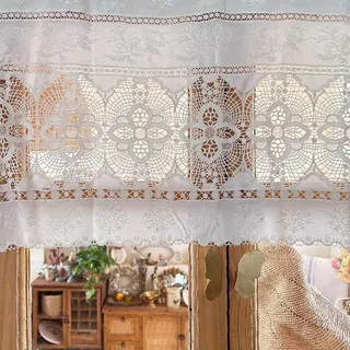 A.Monamour Gardine Scheibengardinen Kurzstores Transparente Weiß Hohle Häkelspitze Bohemian Boho Kurzvorhang Kurzgardinen Küchengardine Küche Vorhang Fenster Kurz Stores Bistrogardine