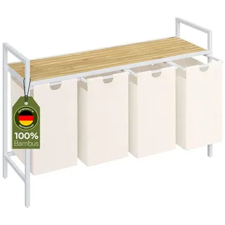 steelsøn Rigil Wäschesammler mit 4 Fächern, 4x40L, Weiß, 1 Bambusablage | Wäschekorb, Wäscheboxen, Metall Wäschesortierer, Wäschesäcke ausziehbar & herausnehmbar, Schmutzwäschebehälter, Wäschetrenner