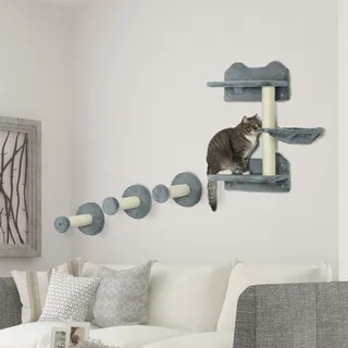 Kletterstufen, Kletterwand, Katzentreppe, 4-tlg. Set, Mit Kratzbaum, Hängematte, Grau+cremeweiß, 40 X 28 X 73cm
