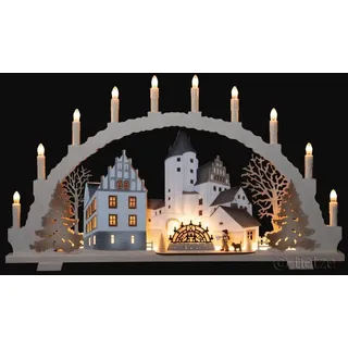 Großer Schwibbogen 70cm x 40cm mit 10 Kerzen und LED Vorbeleuchtung Weihnachtsmarkt am Schloß Schwarzenberg - Handarbeit aus dem Erzgebirge - Schwibbogen für Weihnachten