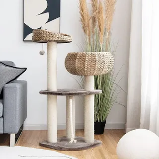 Goplus Kratzbaum, Katzenbaum mit Sisal-Säulen, Hängender Ball und eine Schlinge, geräumige Aussichtsplattform, Katzennest aus Stroh, Stabile