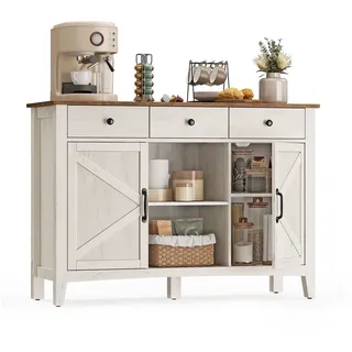 VASAGLE Buffet Küchenschrank, Sideboard mit Schubladen, verstellbare Ablage (für Wohnzimmer Küche Esszimmer, Flur, Wohnzimmer, Schlafzimmer, Büro) Aufbewahrungsschrank mit Türen, Landhausstil, für Wohnzimmer Küche braun|weiß 114 cm x 80 cm x 40 cm