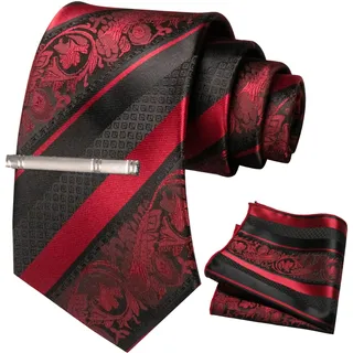 JEMYGINS Mode Blumen Krawatten und Einstecktuch mit krawattenklammer Sets für Herren, Dunkelrot, M - M