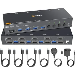 8K@60Hz Dual Monitor KVM Switch, ESKEVE 4K@144Hz HDMI Displayport KVM Switch 4 PC mit 2 Monitore und 4 USB-Geräten, Netzteil, kabelgebundene Fernbedienung und 4 USB 3.0-Kabel im Lieferumfang enthalten