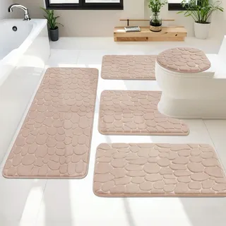 Heavyoff Badezimmerteppich Set 5 Teilig, Weiche Badematte und U Förmige wc Vorleger, Badteppich rutschfest Waschbar Badvorleger Set, Khaki