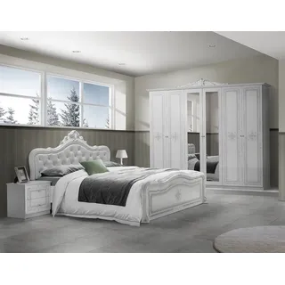 Interdesign24 Schlafzimmer-Set Livia, (im klassischen Barock Stil, 4-Teilig), Weiß/Silber Hochglanz