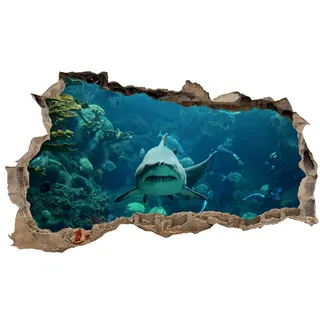 3D Wandtattoo Mauerloch Wandsticker Wandaufkleber Durchbruch Tiere selbstklebend H 60 x B 100 Schlafzimmer Wohnzimmer (WL40 Hai)