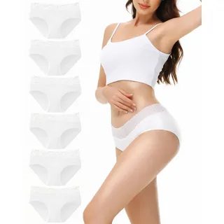 EKSHER Unterhosen Damen 6er Pack Hipster Unterwäsche Frauen Baumwolle Sportunterhosen Spitze Slips Weich Mittel Taille Panties Weiß 2XL - XXL