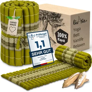 livasia Rollmatte Rollmatratze S schmal - 200x50x4,5cm - Gästebett Gästematratze 1 Person mit Muster, Reisebett Kofferraum outdoor, Thaimatte Kapok für Garten Balkon handgefertigt (Grün)