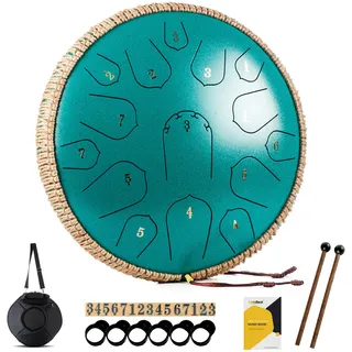 MeloBeat Zungentrommel 14 Zoll 15 Töne - Professionelles Steel Tongue Drum Handpan Set in D Dur inkl. Zungentrommel Liederbuch, Schlagzeug Sticks und Trommel Tragetasche (Grün)