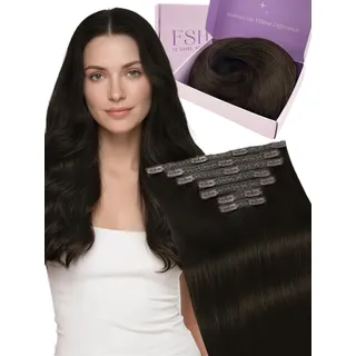Fshine Clip in Extensions Echthaar Braun, 40 cm, 120 g 7 Stücke, Für feines Haar geeignet, Haarextension Echthaar Clip, Farbe 2
