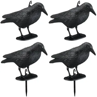 Relaxdays Vogelschreck, 4er Set, zum Hinstellen & Aufhängen, Kunststoff Krähe, zur Vogelabwehr, Garten & Balkon, schwarz