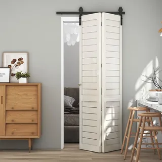 TSMST 120cm/4ft Klapptür Schiebetürsystem Komplett-Set, Platzsparende Scheunentür Spur Set für 2 Türen, Glatt und Ruhig (keine Tür)