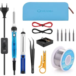 Lötkolben Set, ONEAMG Lötkolben Kit Lötset 60W, Digitale Lötstation Temperatur Regelbar und EIN/AUS-Schalter, Soldering Iron Kit 220V mit 5 Lötspitzen, Entlötpumpe, Lötkolbenständer, Lötzinn,Pinzette