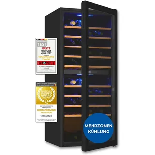 Exquisit Weinkühlschrank 2 Zonen, Platz für 114 Flaschen, 220 Liter, Umluftventilator, 9 Holzablagen, Temperaturanzeige, WS2-114-GTE-160G schwarz