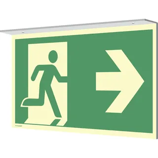 Fahnenschild Deckenmontage Notausgang links/rechts,Alu,nachleuchtend,160-mcd,297x148mm