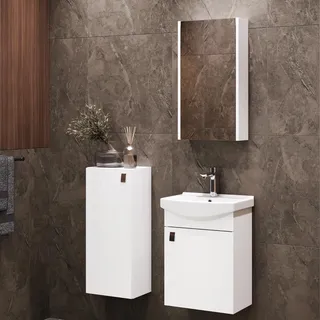Planetmöbel Badmöbel Set Waschtisch mit Unterschrank 45 x 60 x 33 cm mit Spiegelschrank 40 cm & Midischrank für Badezimmer, Gäste WC & Bad, Weiß