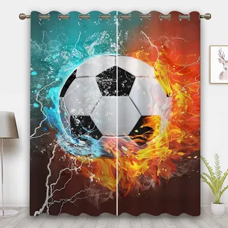CHEFFS Fußball Gardinen Verdunklungsgardine Ösen Für Schlafzimmer, Fußball Vorhänge Blickdicht Verdunkelungsvorhang Für Kinderzimmer (2,100 x 140 cm (2X50X140cm))