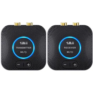 1Mii Drahtlos Audio Sender Empfänger für TV (1 TX+1 RX), 2,4GHz Long Range Wireless Audio Transmitter Receiver Set für Fernsehen to Home Stereo/Speakers/Amplifier, Low Latency 3,5mm/RCA Audio Adapter