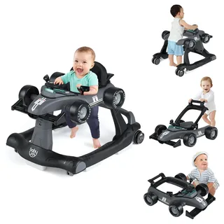 FANTASK 4 in 1 Lauflernhilfe, Autoförmiger Lauflernwagen mit Geschwindigkeit, Musikbox, Licht & Rädern, Baby Walker Höhenverstellbar & Klappbar, Gehfrei Baby ab 6 Monaten (Dunkelgrau)