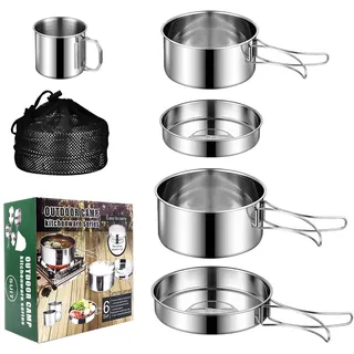 KUIRUNRX® Camping Kochgeschirr Kit, Edelstahl Camping Kochset, Camping Topf und Pfanne Set, Faltbare Besteck Outdoor Topfset Stapelbar Picknick Topf für Camping, Grillen, Wandern(5 Tteiliges Set)
