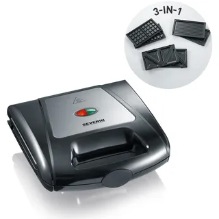 Severin 3in1 Sandwichmaker Sandwich-Toaster, auswechselbare Platten: Brüsseler-Waffeleisen, Grillplatten, Sandwich-Toasts, antihaftbeschichtet, 1.000 W, Edelstahl-gebürstet, schwarz, SA 2968