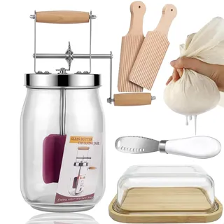 Butterfass Glas mit Handkurbel, 1,5L Butterfass Zum Butter Machen Mit Holzgriff Edelstahlgetriebe Manuelle Buttermaschine,Butter Selber Machen für Kräuterbutter, Knoblauchbutter (1.5L Satz)