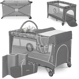 lionelo Flower Reisebett Baby mit Seiteneingang, Wickeltisch, Zwei Matratzenaufhängungshöhen, Spielzeugbogen mit Spielfiguren, Rollen, Tragetasche