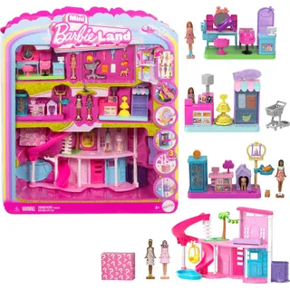 Barbie Mini Land Traumvilla und 3 Spielsets mit 4 ca. 3,8 cm großen Puppen, Puppenhausmöbeln und -zubehör, enthält Tierhandlung, Friseursalon und Supermarkt, JGL31
