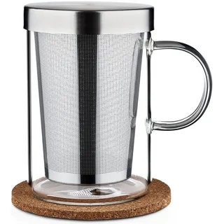 Cosumy Teetasse mit Deckel und Sieb - Teeglas mit Sieb & Untersetzer 400ml - Teebecher aus Borosilikat Glas - Feinmaschiger Filter